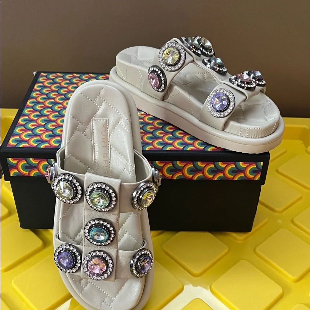 Kurt Geiger Orson Jeweled Sandal in Bone Combination Leather Sz 7 - Picture 2 of 16